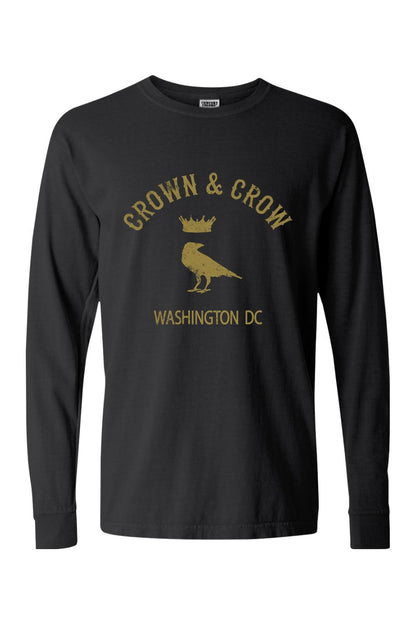 Black long-sleeve cotton t-shirt featuring a gold distressed Crown & Crow logo with Washington DC text.