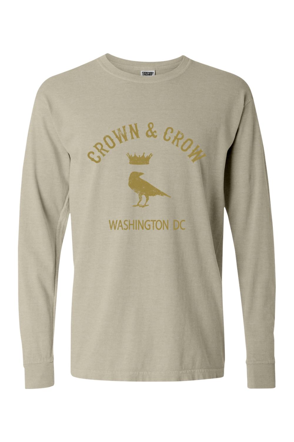 Gold garment-dyed long sleeve cotton t-shirt featuring a Crown & Crow Washington DC graphic in distressed gold print.