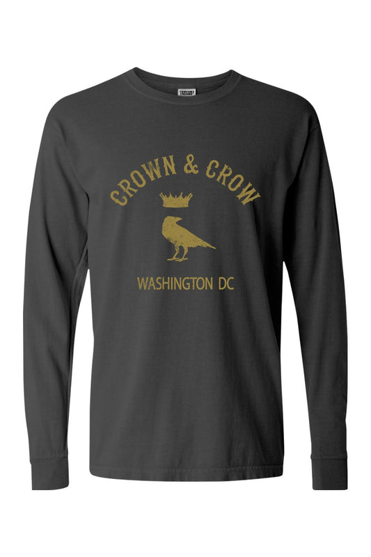 Charcoal grey garment-dyed long sleeve cotton t-shirt featuring a gold Crown & Crow Washington DC graphic.