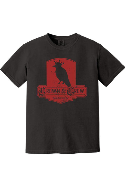 Black garment-dyed cotton t-shirt featuring a distressed red Crown & Crow logo graphic with Washington DC text.