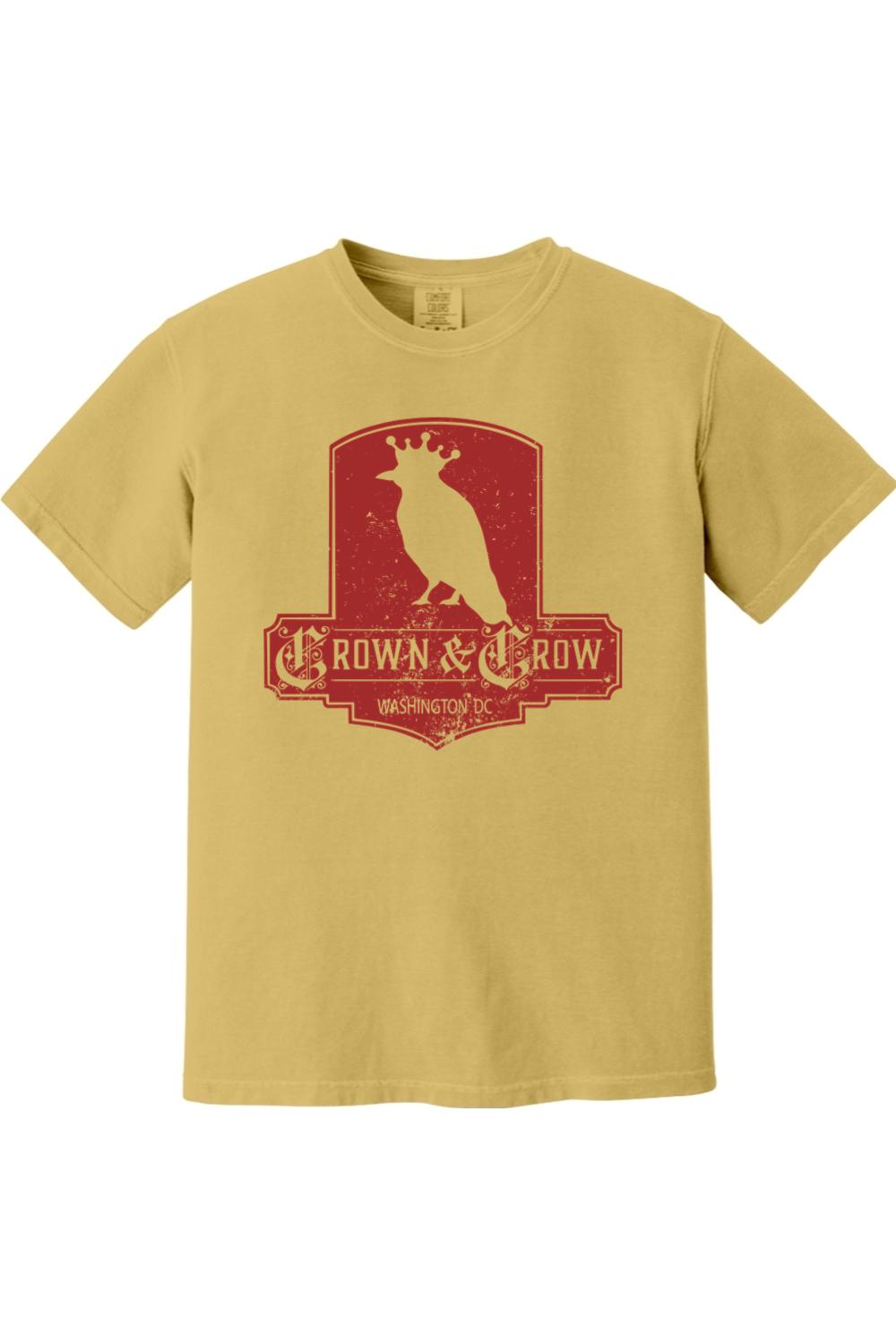 Mustard yellow garment-dyed cotton t-shirt with a distressed red Crown & Crow Washington DC graphic print.