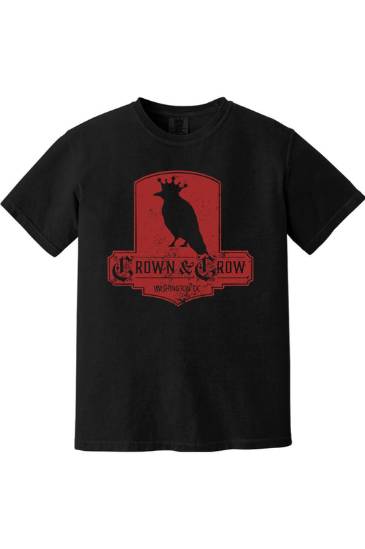 Black garment-dyed cotton t-shirt featuring a distressed red Crown & Crow Washington DC graphic logo.