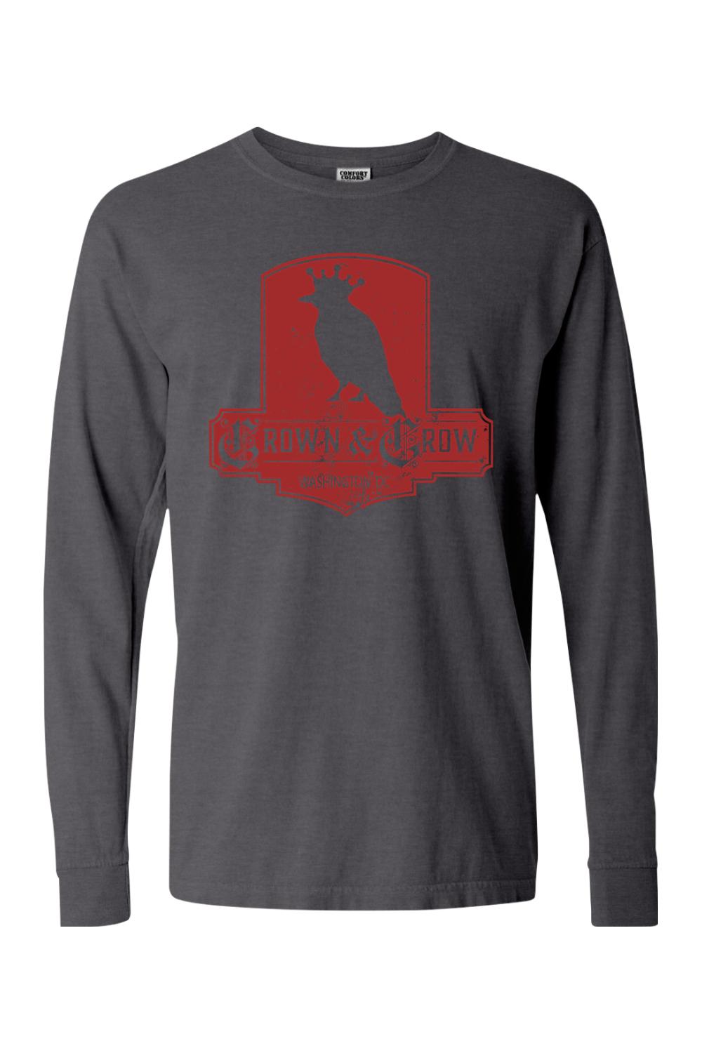 Charcoal grey long sleeve cotton t-shirt featuring a distressed red Crown & Crow graphic logo on the chest.