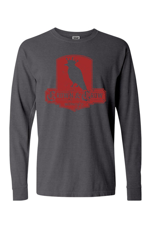 Charcoal grey long sleeve cotton t-shirt featuring a distressed red Crown & Crow graphic logo on the chest.