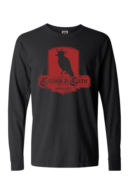 Black long-sleeve cotton t-shirt featuring a distressed red Crown & Crow logo graphic on the chest.