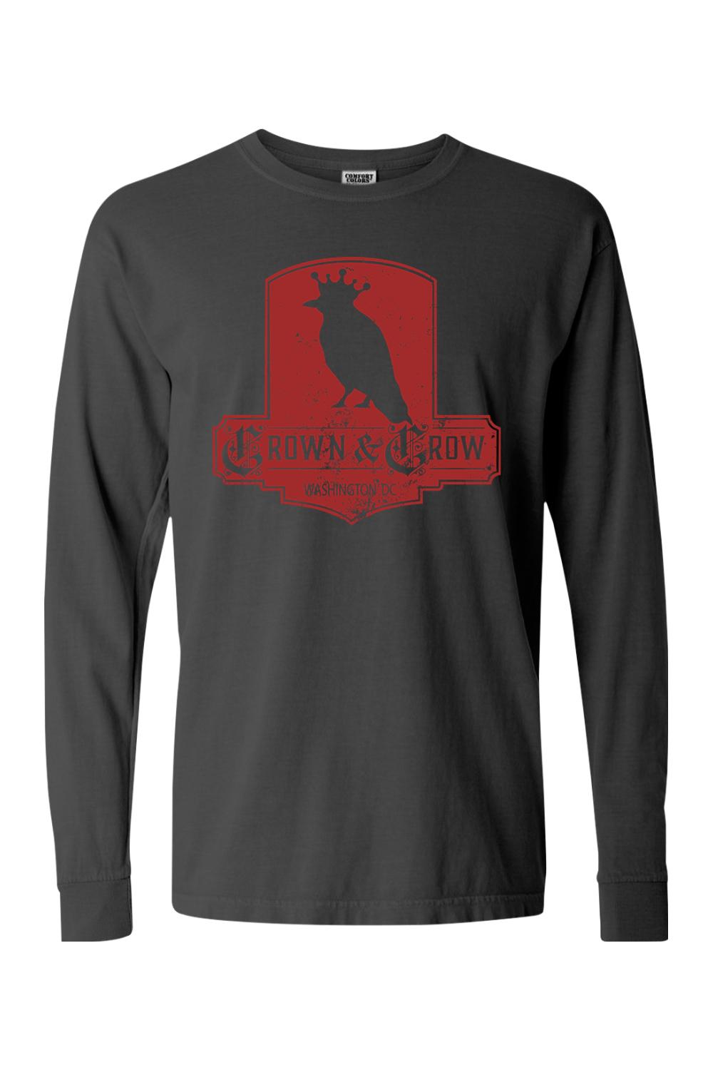 Charcoal grey long-sleeve cotton t-shirt featuring a distressed red Crown & Crow graphic logo on the chest.