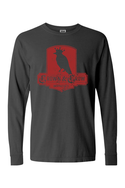 Charcoal grey long-sleeve cotton t-shirt featuring a distressed red Crown & Crow graphic logo on the chest.