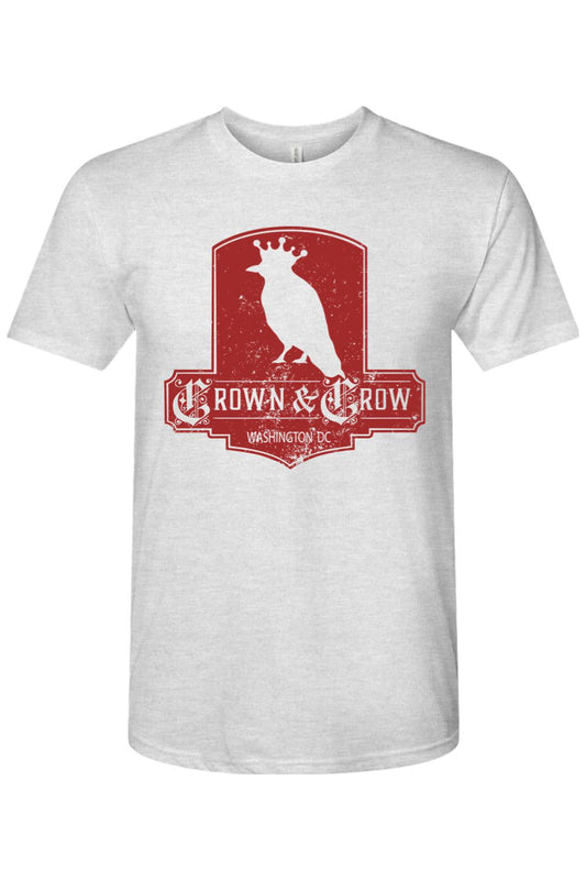 Light gray tri-blend crew neck tee featuring a distressed red Crown & Crow logo with a crow wearing a crown.