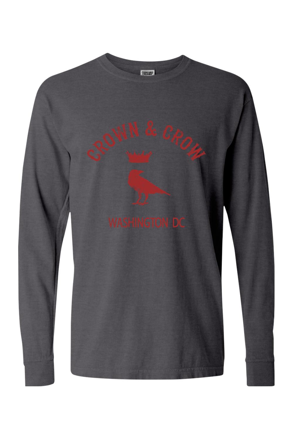 Charcoal grey garment-dyed long sleeve cotton t-shirt with red Crown & Crow Washington DC graphic print.