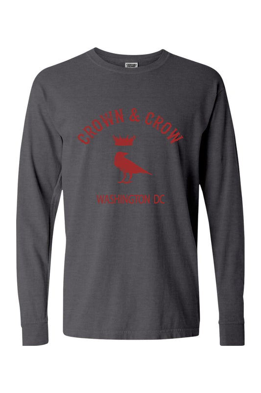 Charcoal grey garment-dyed long sleeve cotton t-shirt with red Crown & Crow Washington DC graphic print.
