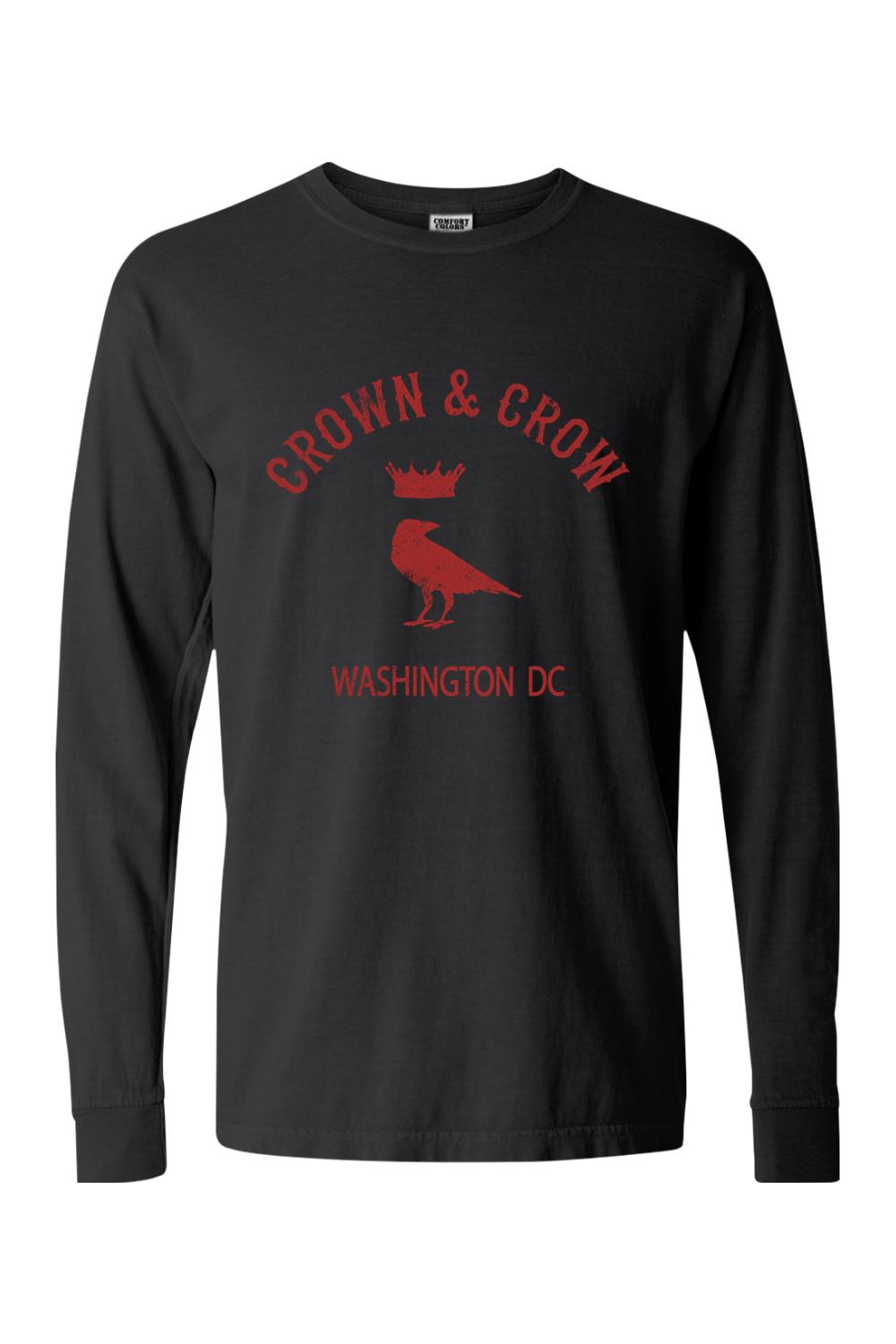 Black long-sleeve cotton t-shirt featuring a red Crown & Crow logo with Washington DC text on the chest.