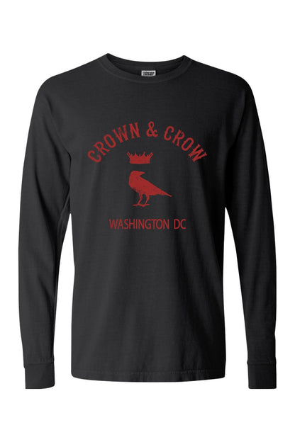 Black long-sleeve cotton t-shirt featuring a red Crown & Crow logo with Washington DC text on the chest.