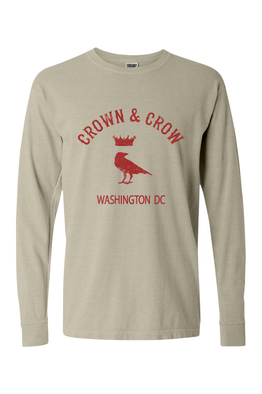 Beige garment-dyed long sleeve cotton t-shirt with a red Crown & Crow Washington DC graphic print.