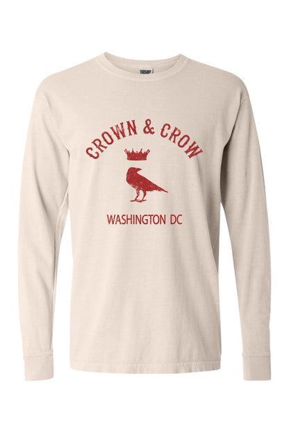Beige garment-dyed long sleeve t-shirt featuring a red Crown & Crow graphic with Washington DC text.