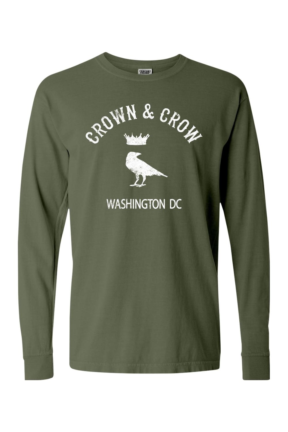 Olive green long sleeve cotton t-shirt featuring a white Crown & Crow Washington DC graphic print on the chest.