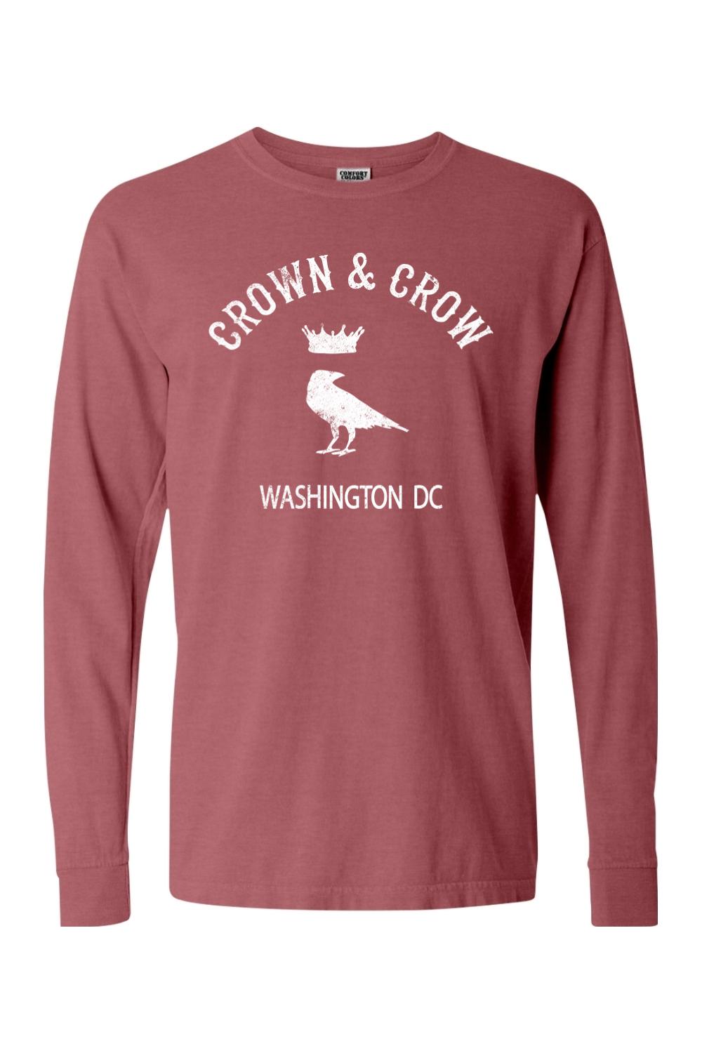 Brick red garment-dyed long sleeve cotton t-shirt with white Crown & Crow Washington DC graphic print.