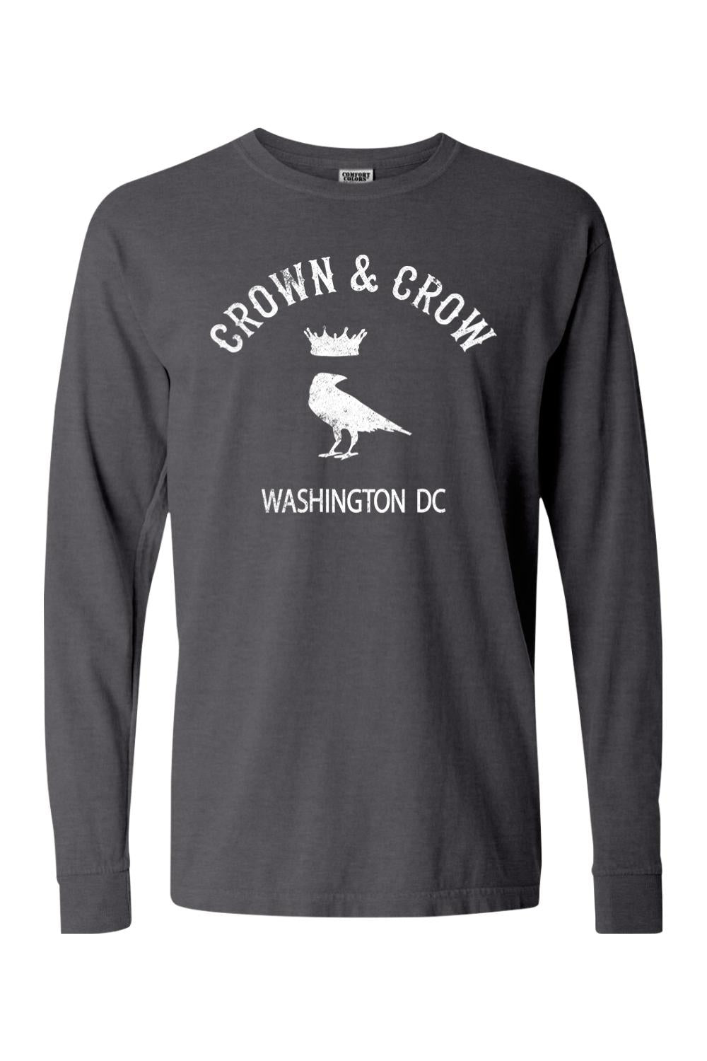 Dark grey garment-dyed long sleeve t-shirt with white Crown & Crow Washington DC crow graphic.
