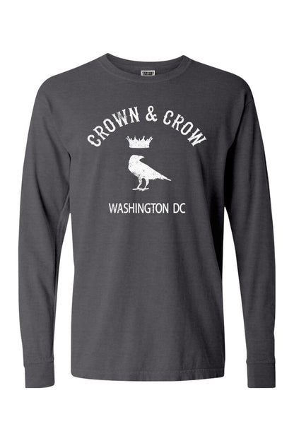 Dark grey garment-dyed long sleeve t-shirt with white Crown & Crow Washington DC crow graphic.