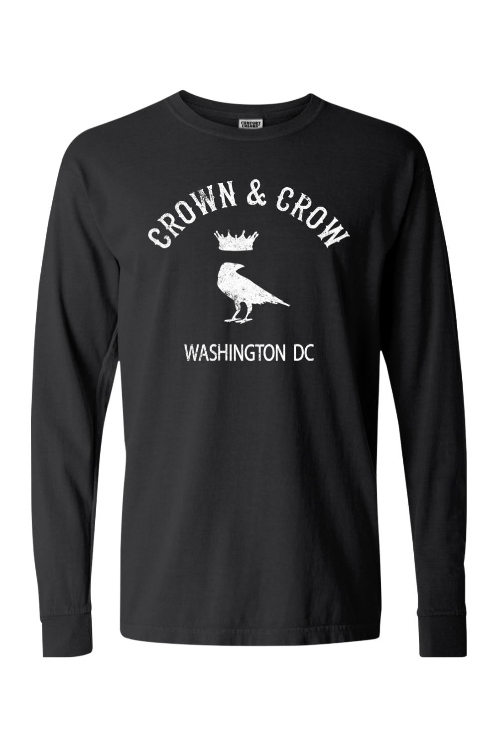 Black garment-dyed long sleeve cotton t-shirt with white Crown & Crow Washington DC crow and crown graphic.