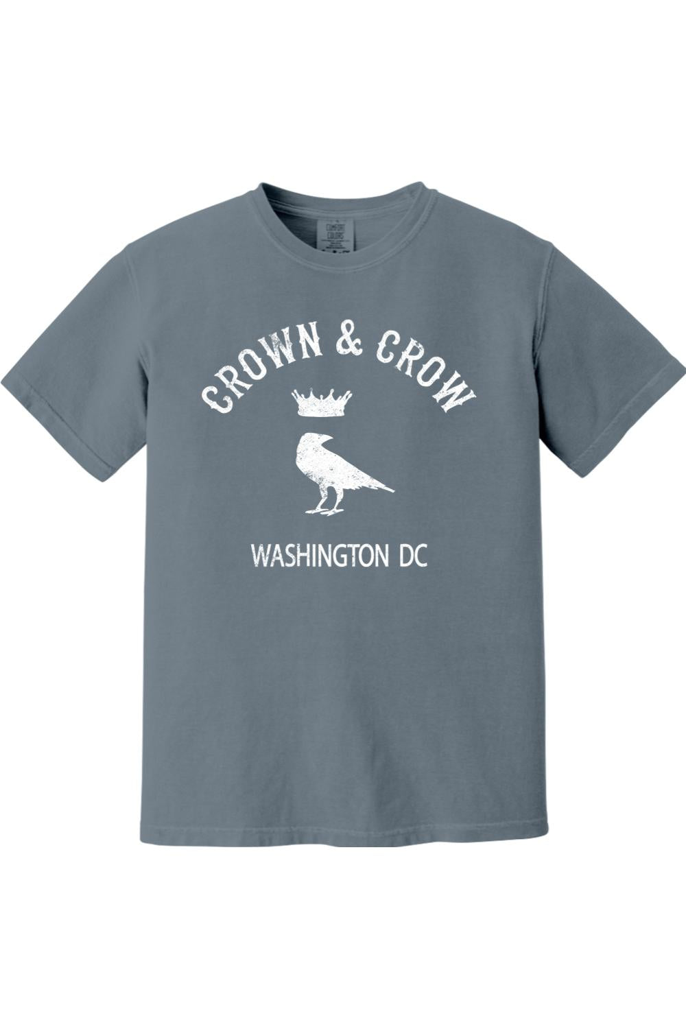 Blue-grey garment-dyed unisex t-shirt featuring a white Crown & Crow logo with a crow and crown graphic and Washington DC text.