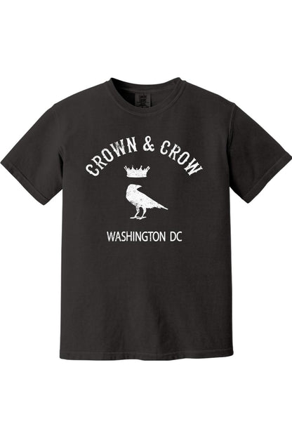 Black garment-dyed unisex t-shirt featuring a white Crown & Crow logo with a crow and crown graphic and Washington DC text.