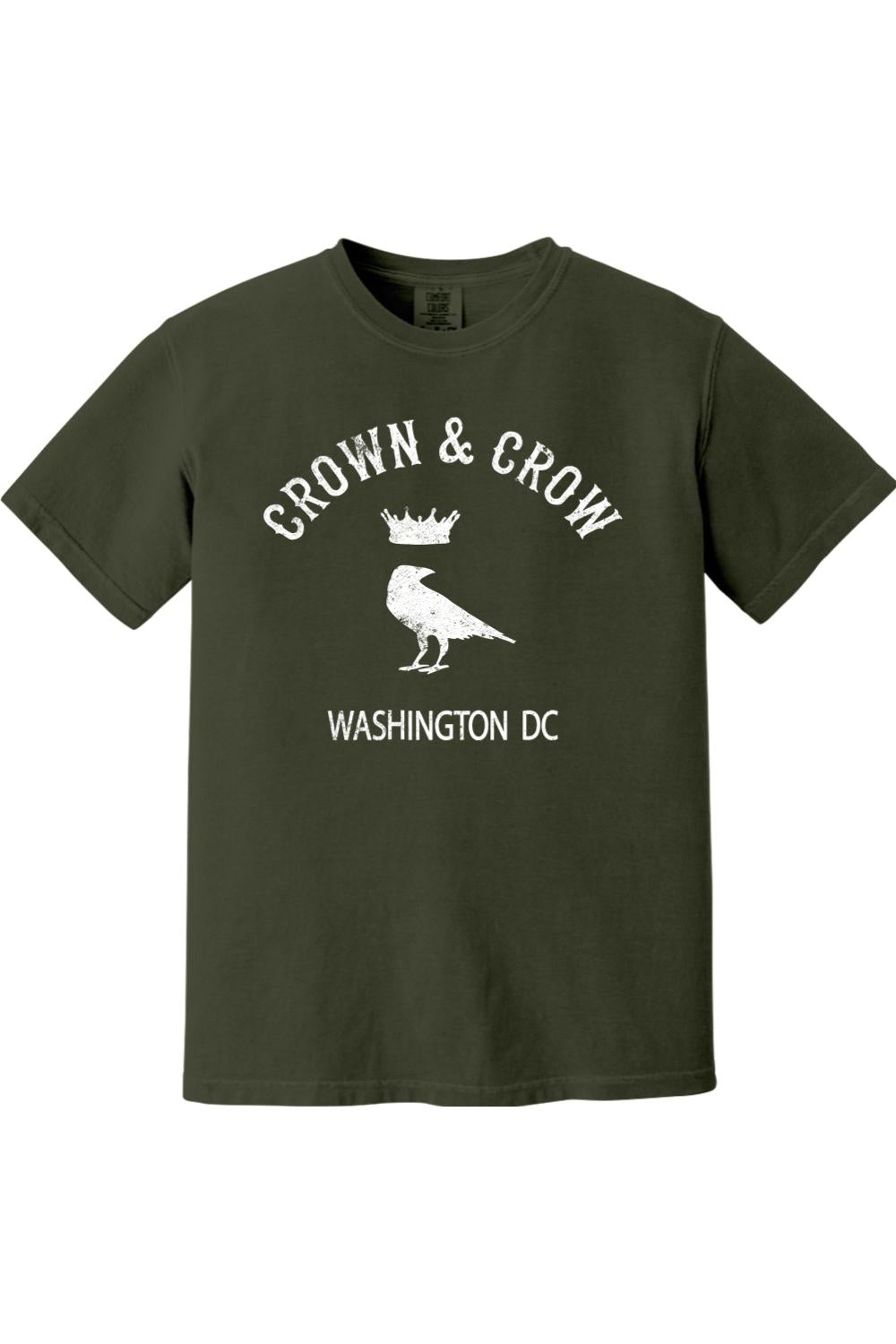 Olive green unisex garment-dyed cotton t-shirt featuring a white Crown & Crow Washington DC graphic print.
