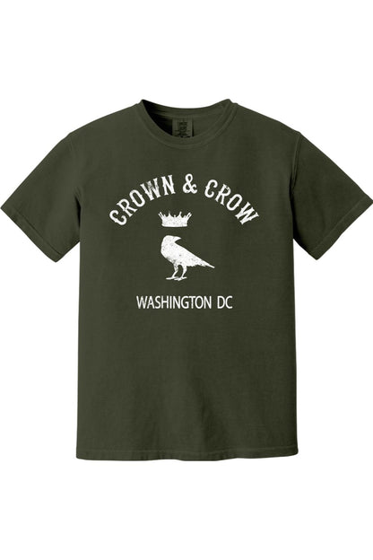 Olive green unisex garment-dyed cotton t-shirt featuring a white Crown & Crow Washington DC graphic print.