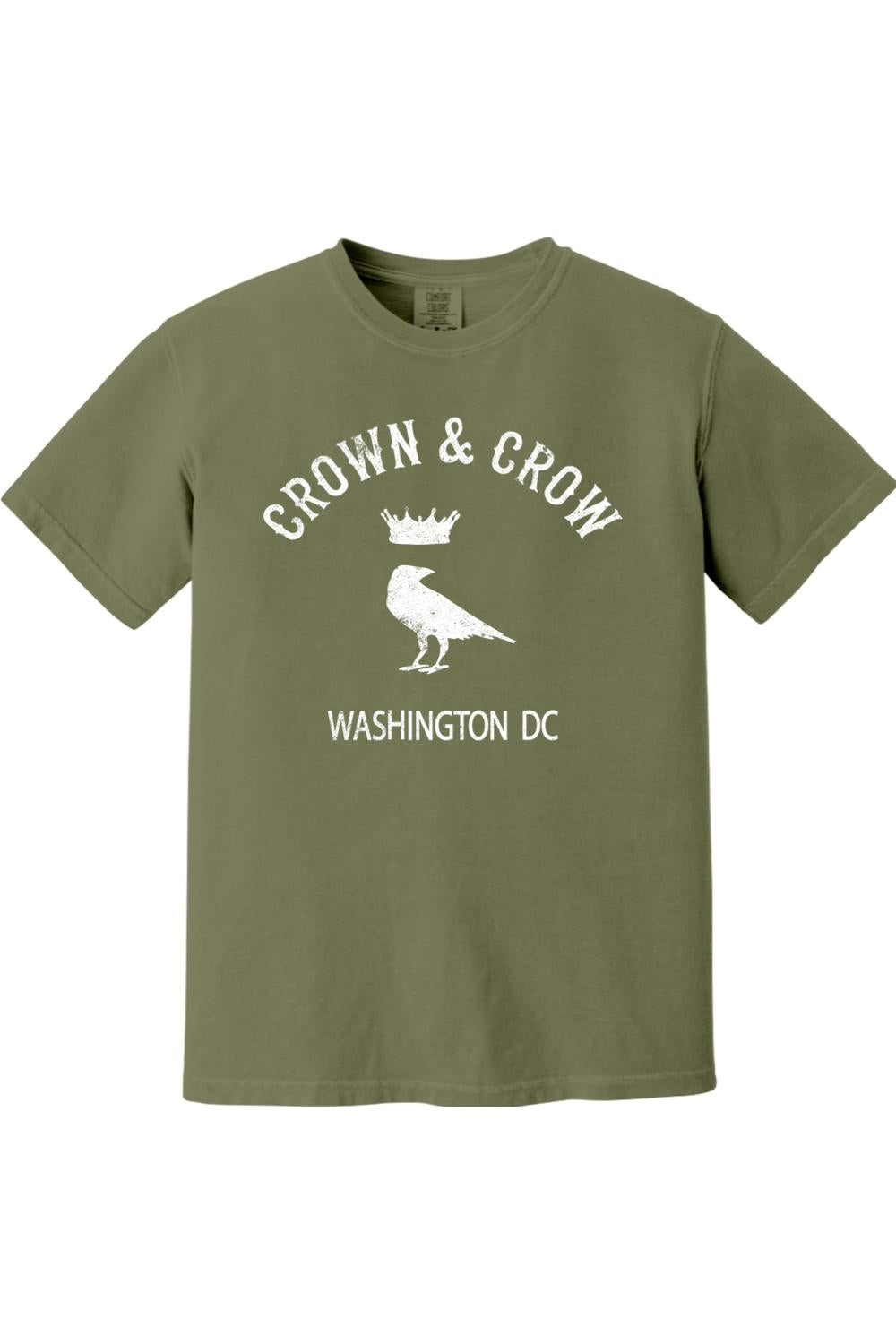 Olive green garment-dyed unisex t-shirt featuring a white Crown & Crow Washington DC graphic print.
