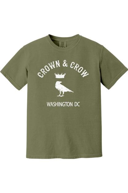 Olive green garment-dyed unisex t-shirt featuring a white Crown & Crow Washington DC graphic print.