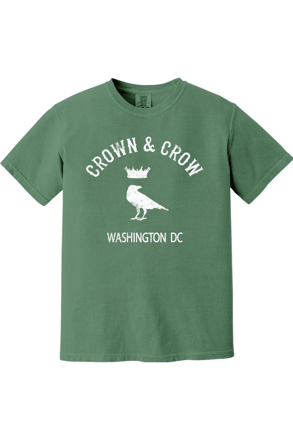 Garment-dyed sage green unisex cotton t-shirt featuring a white Crown & Crow Washington DC graphic print.