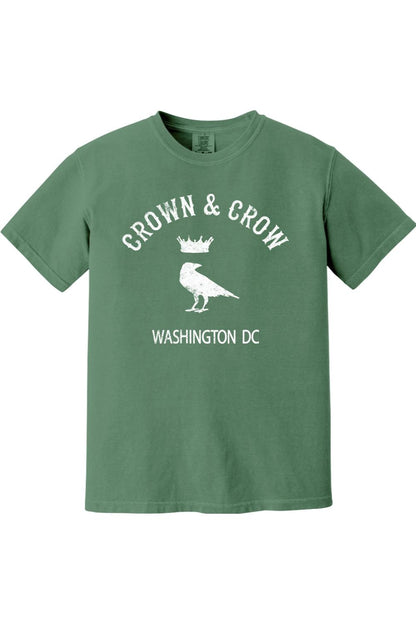 Garment-dyed sage green unisex cotton t-shirt featuring a white Crown & Crow Washington DC graphic print.