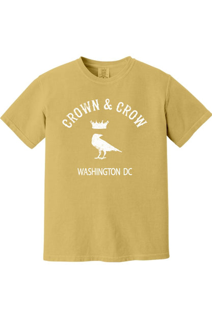 Mustard yellow garment-dyed unisex t-shirt with a white Crown & Crow Washington DC graphic print.
