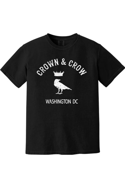 Black unisex garment-dyed cotton t-shirt featuring a white Crown & Crow Washington DC graphic print.