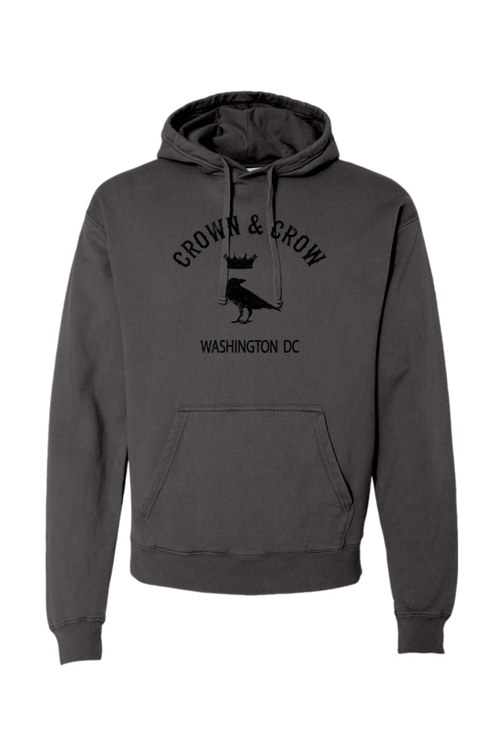 Garment-dyed charcoal black hoodie with Crown and Crow Washington DC logo graphic and front kangaroo pocket.