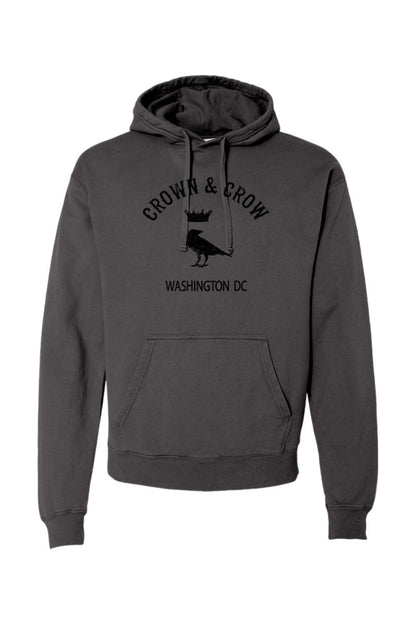 Garment-dyed charcoal black hoodie with Crown and Crow Washington DC logo graphic and front kangaroo pocket.