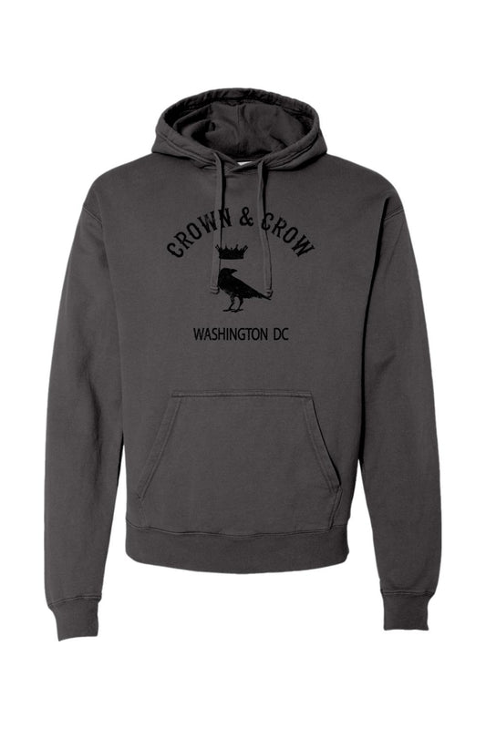 Garment-dyed charcoal black hoodie with Crown and Crow Washington DC logo graphic and front kangaroo pocket.