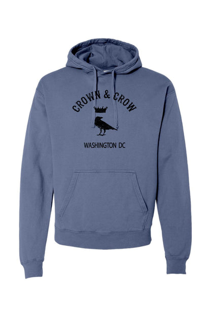 Blue garment-dyed cotton hoodie featuring a black Crown and Crow logo with Washington DC text on the front.