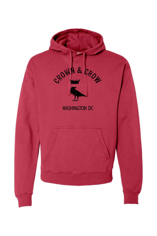 Red garment-dyed cotton hoodie featuring a black Crown and Crow logo with a raven and Washington DC text.