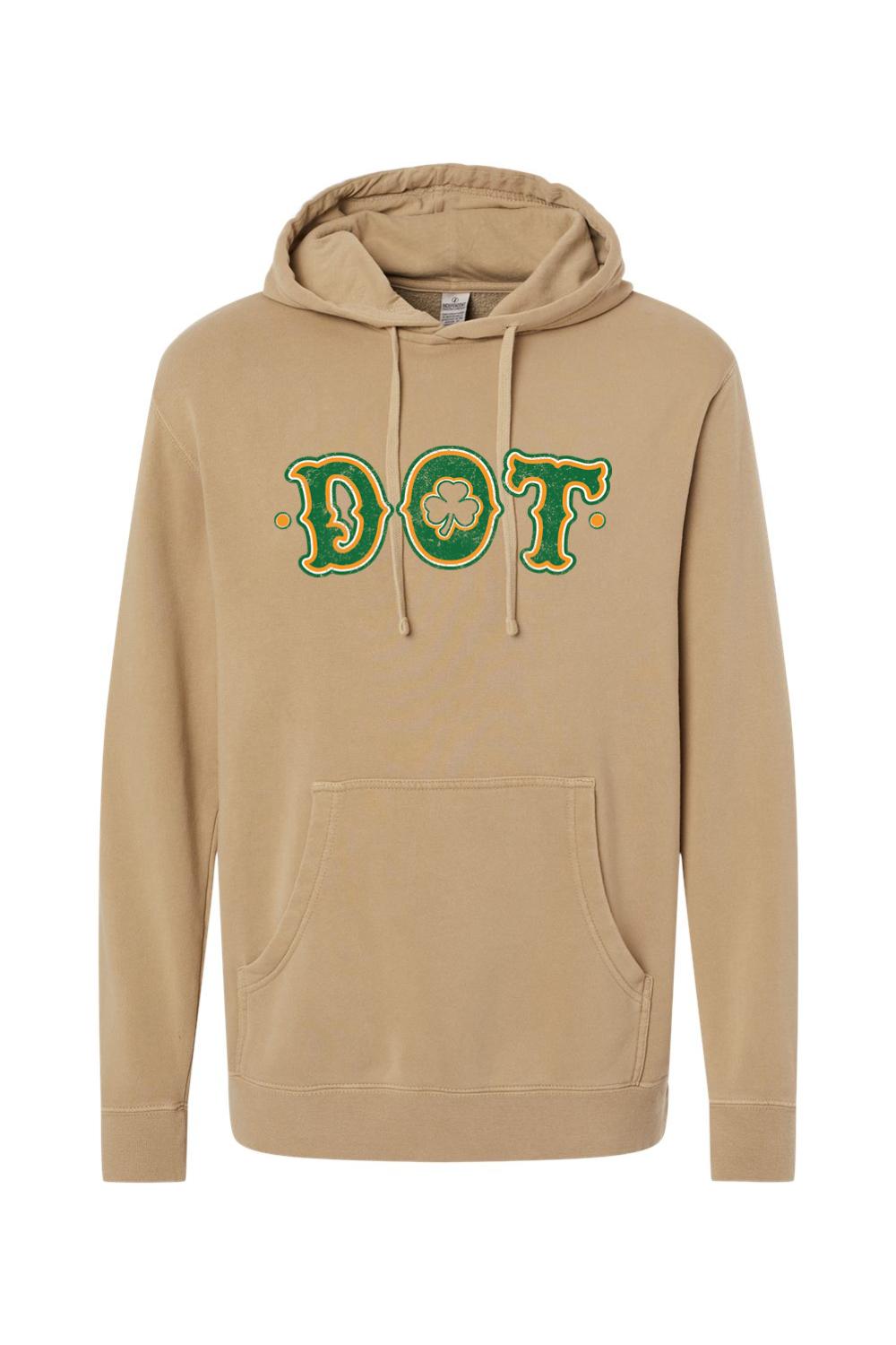 Tan pigment-dyed hooded sweatshirt featuring a green and gold distressed DOT logo with a shamrock graphic.