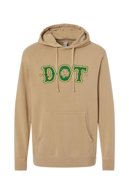 Tan pigment-dyed hooded sweatshirt featuring a green and gold distressed DOT logo with a shamrock graphic.