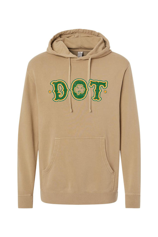 Tan pigment-dyed hooded sweatshirt featuring a green and gold distressed DOT logo with a shamrock graphic.