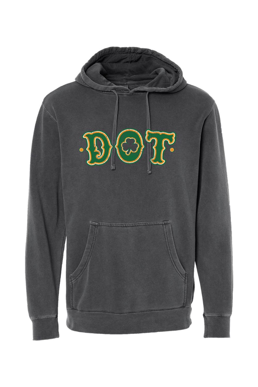 Charcoal pigment-dyed hoodie with a green and gold DOT clover graphic, featuring a drawstring hood and front pocket.