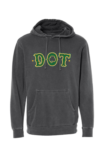 Charcoal pigment-dyed hoodie with a green and gold DOT clover graphic, featuring a drawstring hood and front pocket.