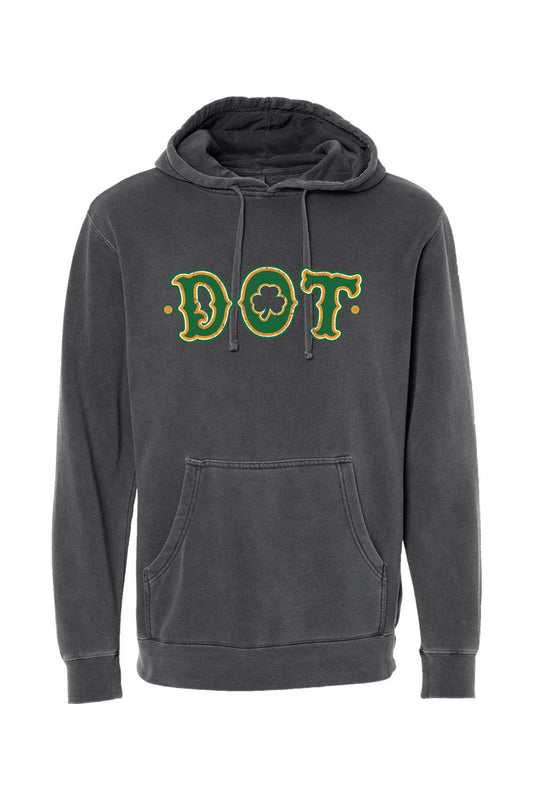 Charcoal pigment-dyed hoodie with a green and gold DOT clover graphic, featuring a drawstring hood and front pocket.
