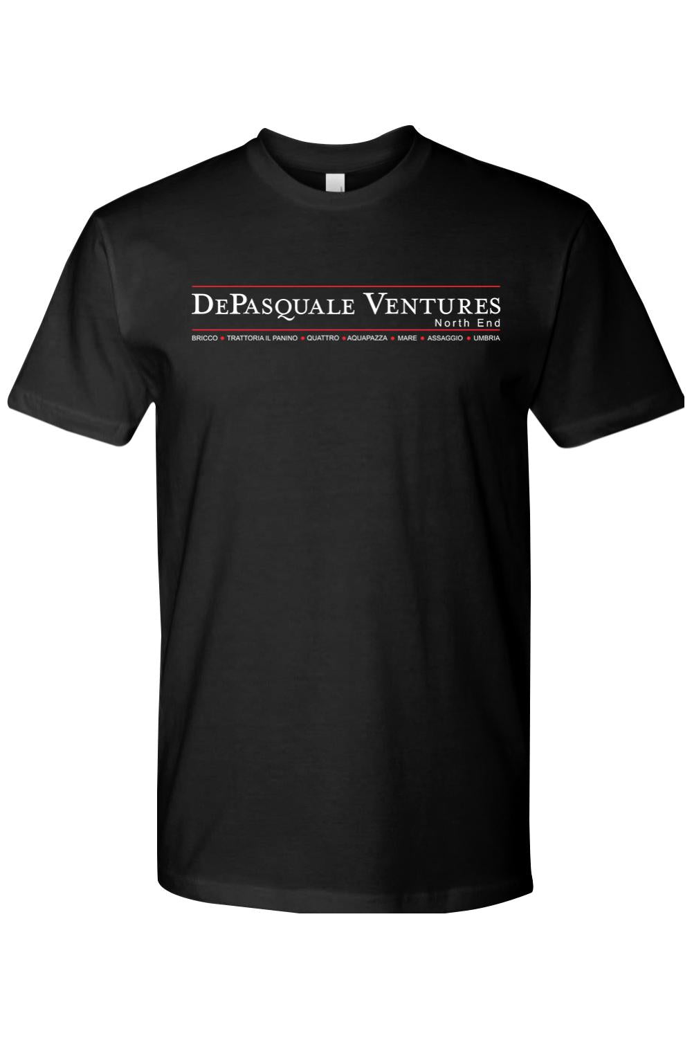 Black short-sleeve crew neck t-shirt in soft cotton featuring the white DePasquale Ventures North End logo.