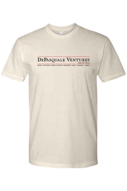 Cream-colored short sleeve crew neck t-shirt in soft cotton featuring the DePasquale Ventures logo on the chest.