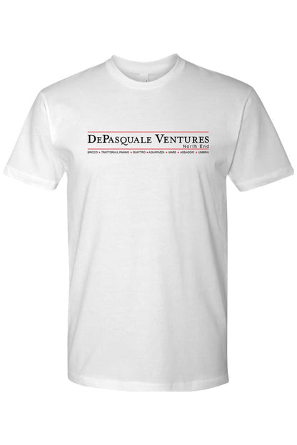 White short-sleeve crew neck t-shirt in 100% cotton featuring the DePasquale Ventures logo in black and red text.