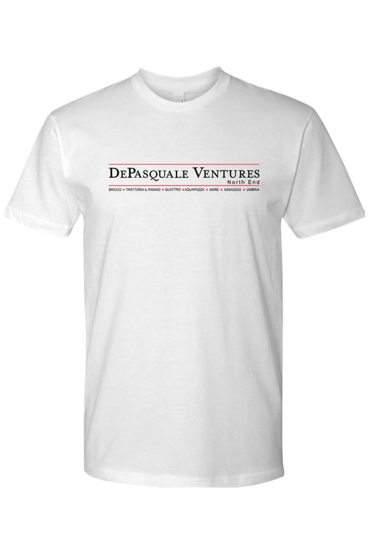 White short-sleeve crew neck t-shirt in 100% cotton featuring the DePasquale Ventures logo in black and red text.