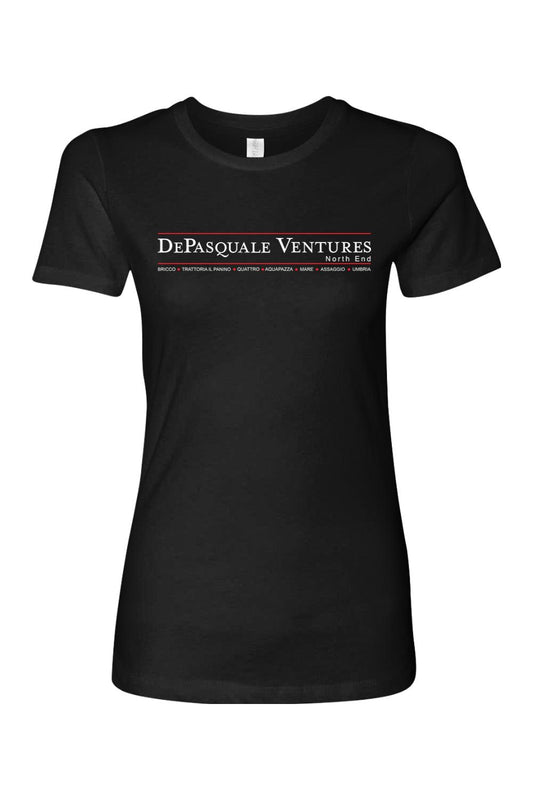 Black women's crew neck t-shirt in 100% cotton featuring the white DePasquale Ventures North End logo on the chest.