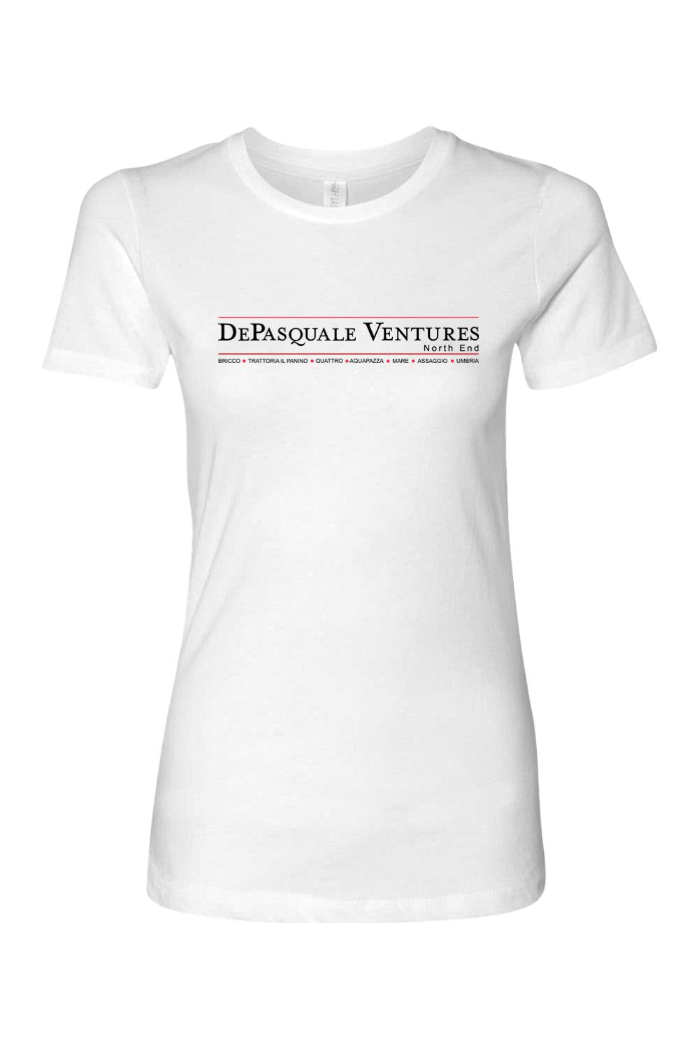 White women's cotton t-shirt featuring the DePasquale Ventures North End logo in black and red text on the chest.